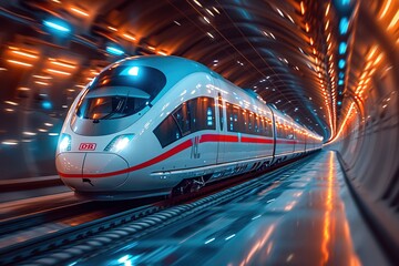 A high-speed train speeding through a tunnel with dramatic lighting, creating a sense of motion