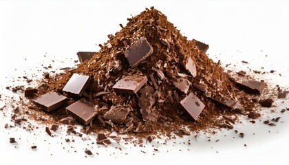 Pile chopped, milled chocolate shavings isolated on white, top view
