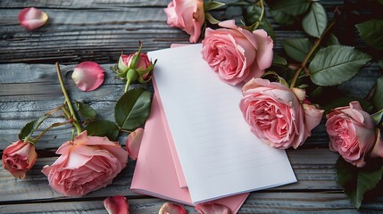 Pink roses and note paper on the wooden background - Powered by Adobe