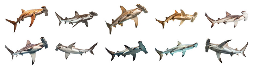 Diverse hammerhead sharks navigating isolated cut out png on transparent background - obrazy, fototapety, plakaty