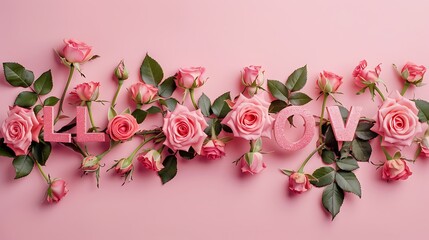 Pink roses blooming with love word alphabet on pink background - Powered by Adobe