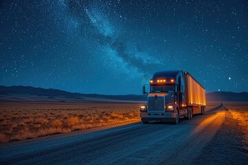 A lone semi-truck with a high-sleeper cab parked in a moonlit desert, the driver's silhouette visible through the cab's curtains, while stars twinkle overhead