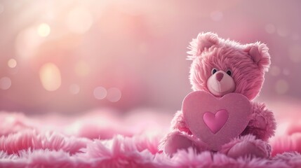 Fototapeta premium Pink teddy bear carries a heart shape with pink background