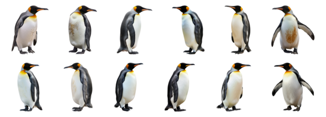 Various king penguin poses isolated cut out png on transparent background