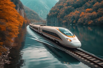 A modern high-speed train racing alongside a scenic river, creating ripples in the water