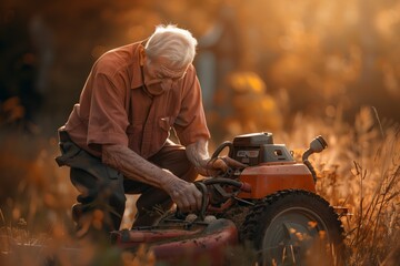 Senior man repairing an old lawn mower
