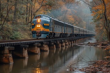 A passenger train crossing a serene river on an old iron truss bridge - obrazy, fototapety, plakaty
