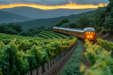 Obraz premium A passenger train winding its way through a lush vineyard, with rows of grapevines