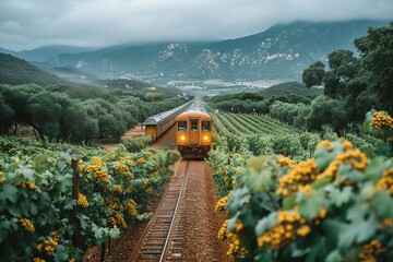 A passenger train winding its way through a lush vineyard, with rows of grapevines