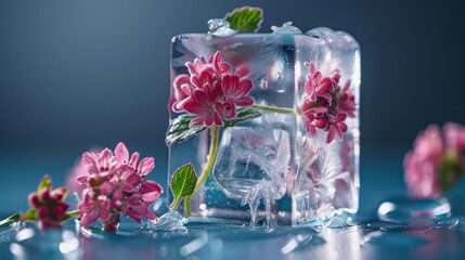   A tight shot of a flower encased in ice, surrounded by water and ice cubes against a blue background