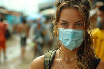 Young woman in mask at crowded place