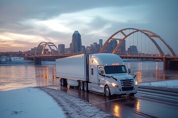 A semi-truck crossing an impressive arch bridge, with the city skyline in the background