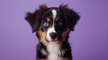 Portrait of cute puppy looking at the camera on a purple background