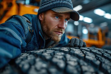 A semi-truck driver checking the tire pressure and inspecting the engine of their vehicle before embarking on a cross-country journey - obrazy, fototapety, plakaty