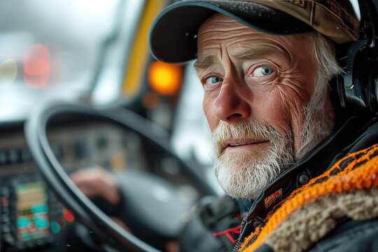 A semi-truck driver communicating with other drivers using a CB radio, sharing road conditions and friendly banter