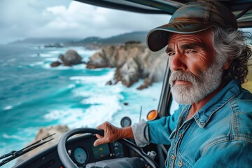 A semi-truck driver navigating a scenic coastal highway, with waves crashing against the rocky...