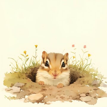 Watercolor illustration, A chipmunk peeking out from a burrow in the ground isolated on clear white background