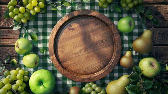 Render of a wooden dish on an outdoor picnic table, encircled by a vibrant green gingham cloth and a variety of green apples, pears, and grapes