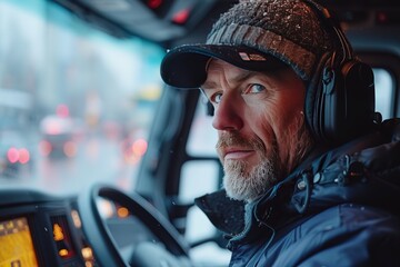 A semi-truck driver using a state-of-the-art GPS navigation system to find the most efficient route and avoid traffic congestion - obrazy, fototapety, plakaty