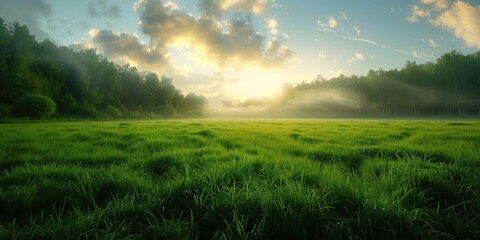 Golden sunrise shining over lush green grass with mist weaving through trees - obrazy, fototapety, plakaty