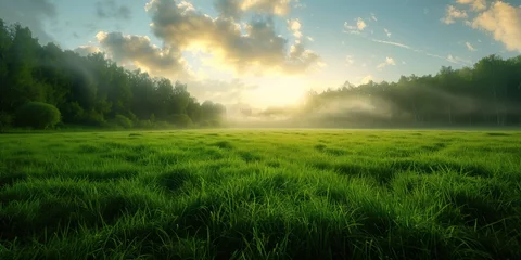 Fototapeten Golden sunrise shining over lush green grass with mist weaving through trees © Tasnim
