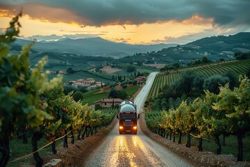 A tanker truck driver carefully navigating a narrow, winding road through a picturesque vineyard