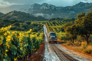 A tanker truck driver carefully navigating a narrow, winding road through a picturesque vineyard
