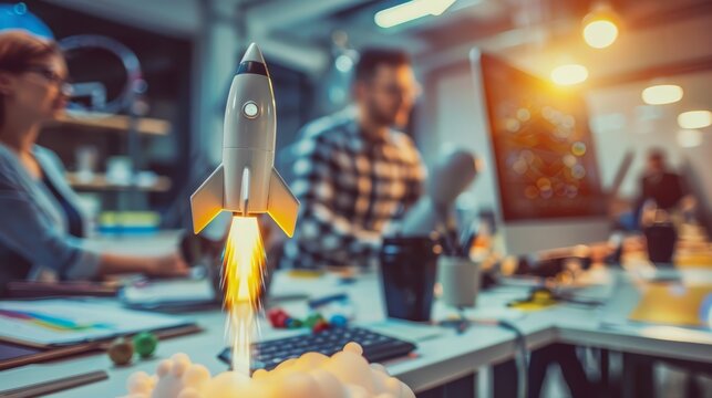 Model rocket launching on office desk with blurred creative team background
