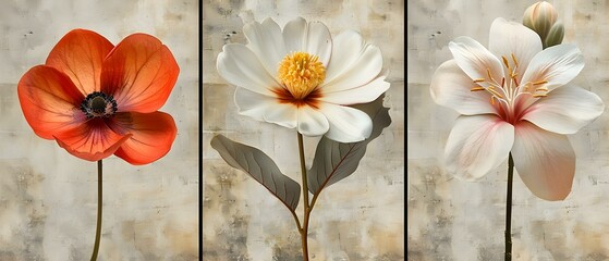 Triptych of Elegant Florals on Vintage Backdrop. Concept Floral Arrangements, Vintage Backdrops, Triptych Photography, Elegant Florals