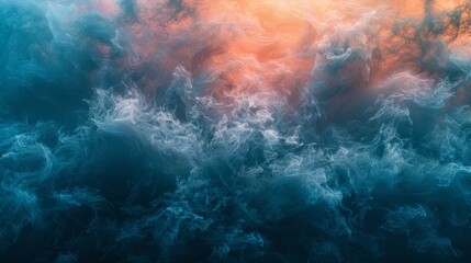   A significant volume of smoke is depicted against a backdrop of blue and orange, with the sun situated centrally - obrazy, fototapety, plakaty