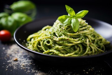 Hearty Spaghetti spinach pesto. Garlic italian food sauce dinner. Generate Ai