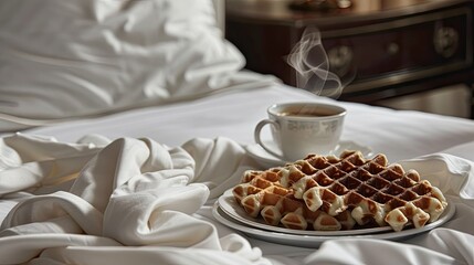 Fototapeta premium Indulge in a delightful morning treat of Viennese waffles and coffee served right to your bed A perfect breakfast in bed awaits you