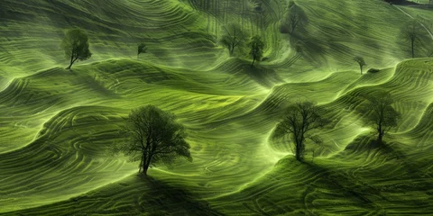 Gardinen Serene Green Hills Rolling Like Waves with Scattered Trees in a Tranquil Rural Landscape, Generative AI © Ben