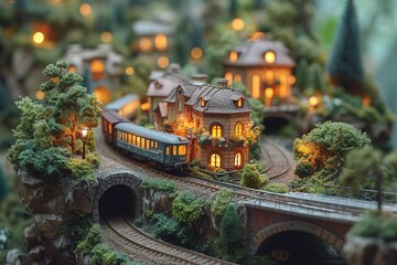 A train enthusiast's lovingly crafted model train layout, complete with miniature bridges and...