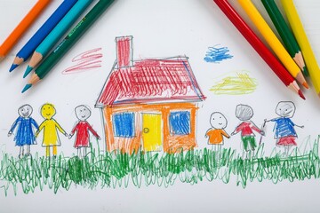 Children's drawing of a family with a house with a roof, nature and the sun. Art on a piece of paper with colored pencils