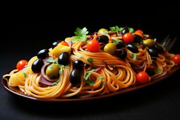 Crunchy Italian spaghetti vegetables olives. Vegetable basil. Generate Ai