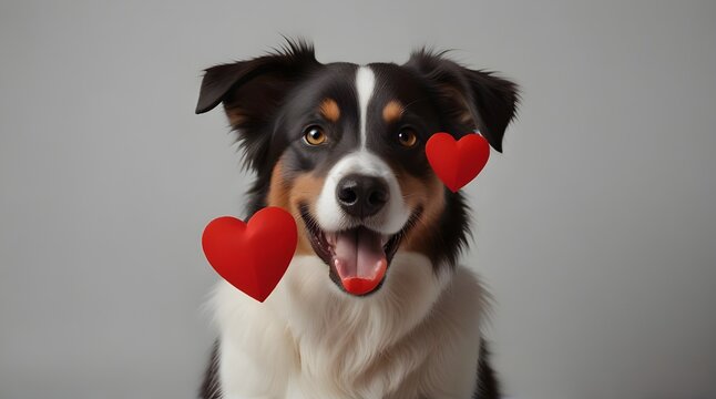 St. Valentine's Day concept. Funny portrait cute puppy dog border collie holding red heart in mouth isolated on white background, close up .Generative AI