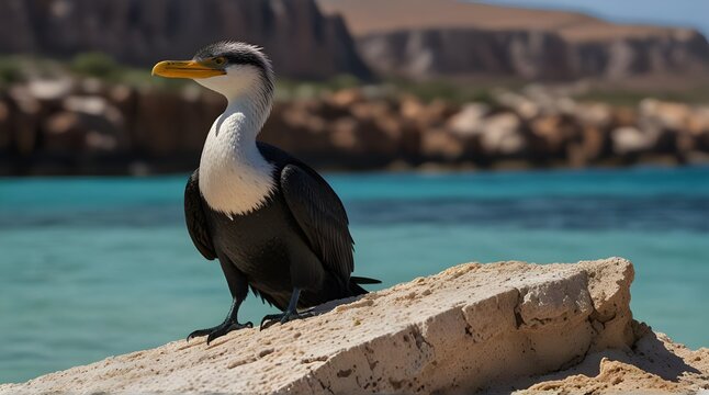 Socotra cormorant perched on limestone rock with streak of water at the backdrop .Generative AI