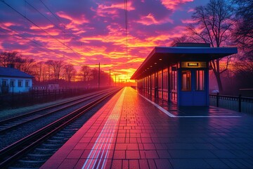 A train platform during a vibrant sunset, with colorful hues painting the sky
