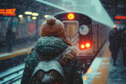 A Train Platform During A Winter Snowfall, With Passengers Bundled Up Against The Cold