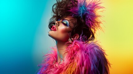 Muscular and feminine male drag queen, colorful feathers and background