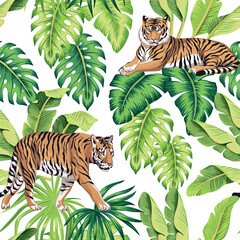 Tiger, tropical palm leaves floral seamless pattern white background. Exotic botanical jungle wallpaper.