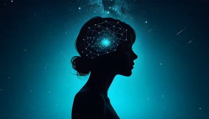 Thinking woman silhouette with glowing brain. Concept of intelligence development strategy and solution of a thought. Conceptual abstraction of brain neurons. Insight 