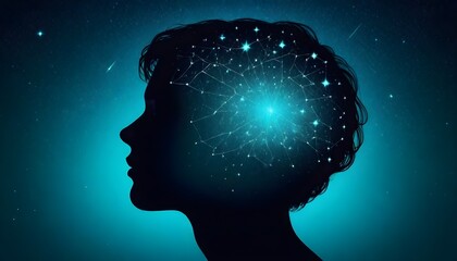 Obraz premium Thinking woman silhouette with glowing brain. Concept of intelligence development strategy and solution of a thought. Conceptual abstraction of brain neurons. Insight 