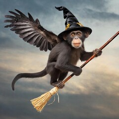 Flying monkey on a broomstick. 