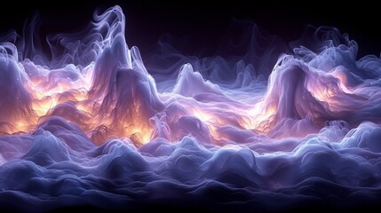   A digital rendering of a mountain range with clouds and a vibrant sky displaying yellow and purple hues, intermingled with wisps of smoke and radiant light - obrazy, fototapety, plakaty