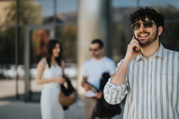A cheerful young adult engaging in a pleasant conversation on his mobile phone in a sunny, urban...