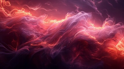   A red-and-pink wave of smoke against a black backdrop, with a solitary red light in its center - obrazy, fototapety, plakaty