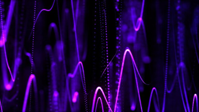 Smooth movement of neon light along fluorescent threads and wires on a dark purple background. Glowing tentacles of digital communication networks. Cosmic bioorganism magenta pink color. Wavy lines 