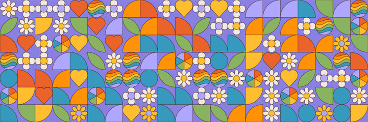 Seamless pattern with simple geometric minimalistic abstract shapes and figures in lgbt flag colors. Mosaic texture in complementary bright colors blocks. Contemporary trendy bauhaus vector design.